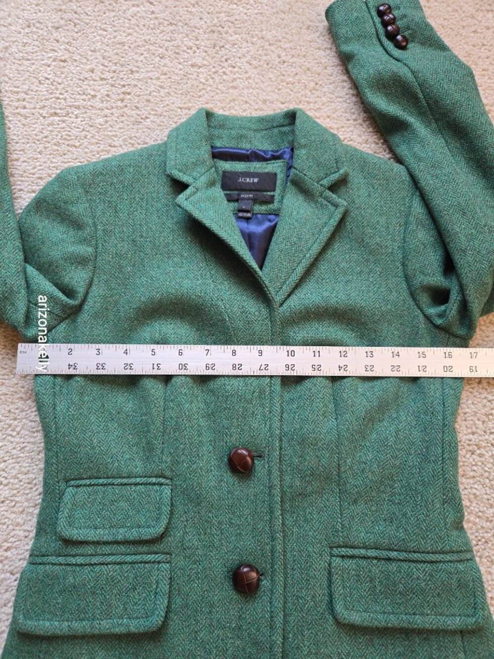NWOT J. Crew Hacking Blazer Jacket 100% Wool Herringbone Green Leather Buttons 0 - Picture 10 of 16